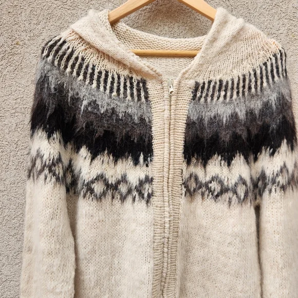 CHASQUI Women's Hoodie Medium Beige Black 100% Alpaca Handmade Aztec Cardigan - Picture 3 of 10